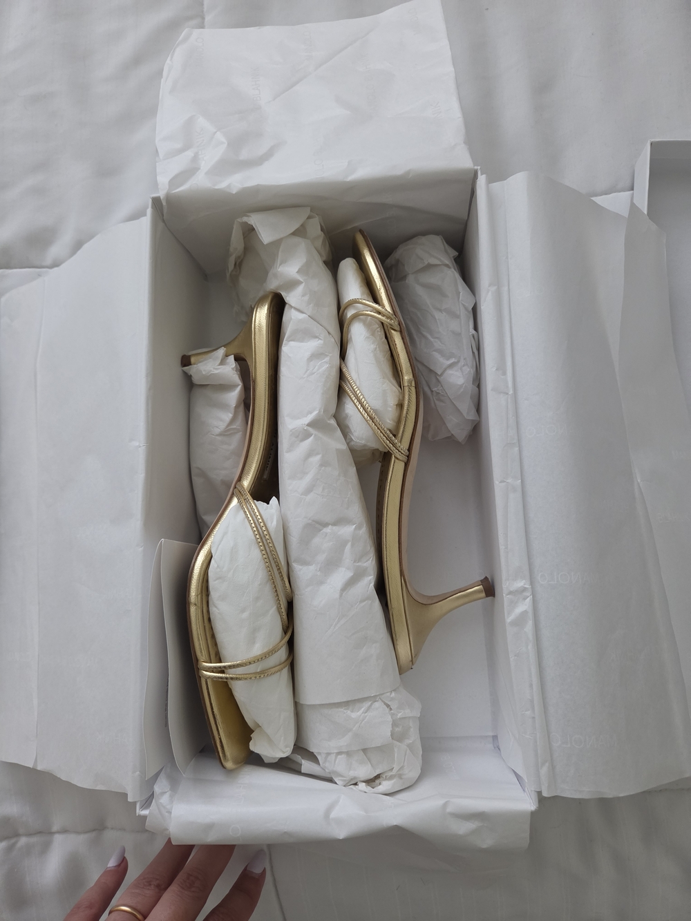 Manolo Blahnik Metallic Gold Strappy Kitten Heels